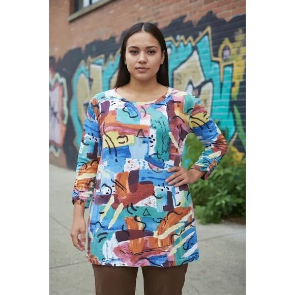 Ali Miles Medium Stretchy Top 3/4 Cinch Sleeve Art To Wear Artsy Abstract - Picture 1 of 6